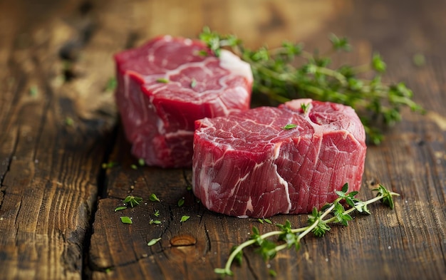 Photo raw beef tenderloin steaks on rustic wooden board with thyme