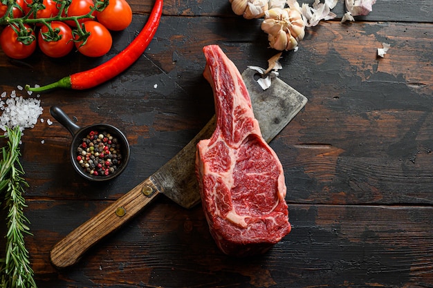 Raw bone In steak on meat cleaver