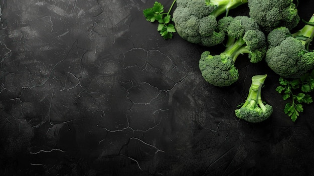 Raw broccoli on black board background copy space generative AI image