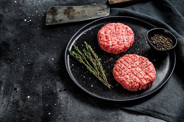 Raw burgers cutlets, organic ground beef meat.