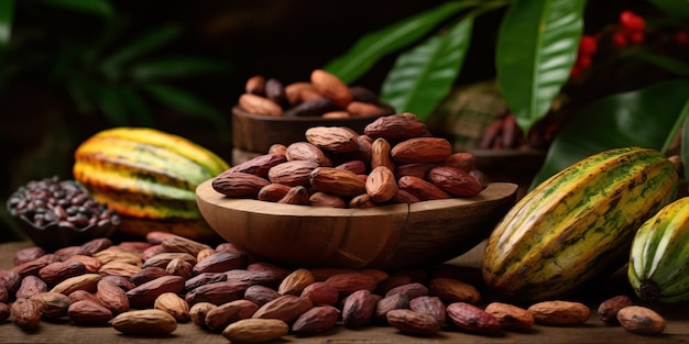 Raw cacao fruits and beans on the wooden table