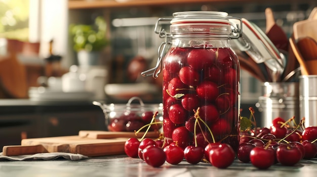 raw cherry in the transparant bottle package kitchen background setting