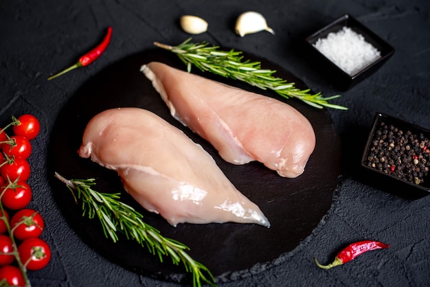 Raw chicken on a black plate with spices and herbs