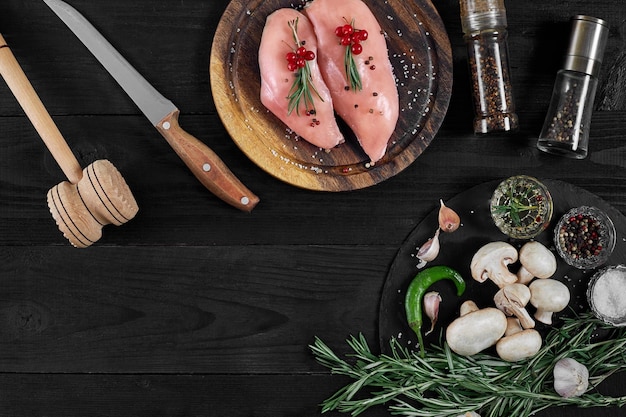 Raw chicken breast fillets on wooden cutting board with herbs and spices on a black wooden background Top view with copy space Still life Flat lay