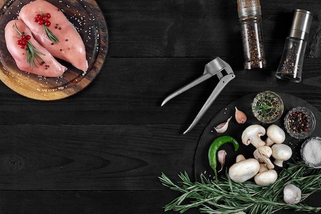 Raw chicken breast fillets on wooden cutting board with herbs and spices on a black wooden background Top view with copy space Still life Flat lay