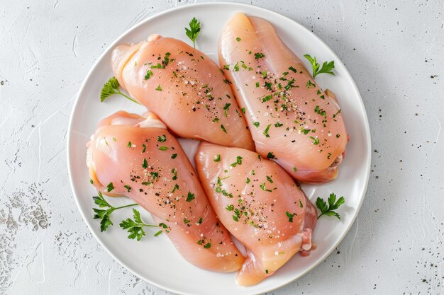 Photo raw chicken breasts seasoned with herbs on a white plate kitchenready