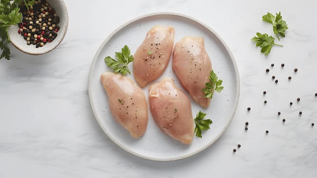 Photo raw chicken breasts white marble countertop ceramic plate fresh parsley garnish peppercorns scattere