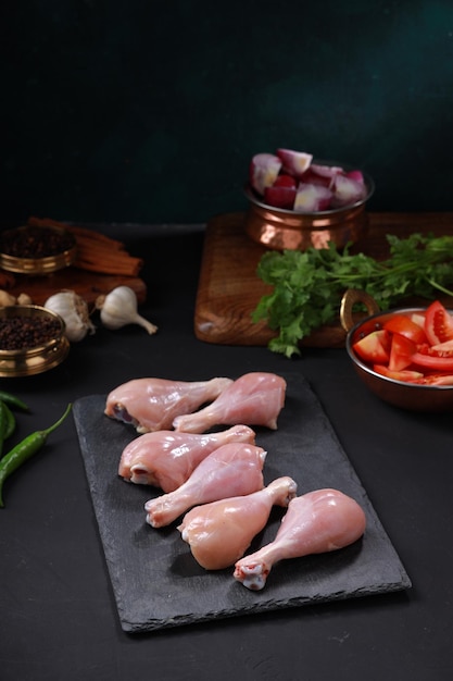 Raw chicken drum stick or leg pieces arranged on graphite sheet with cooking ingrediants placed near by.