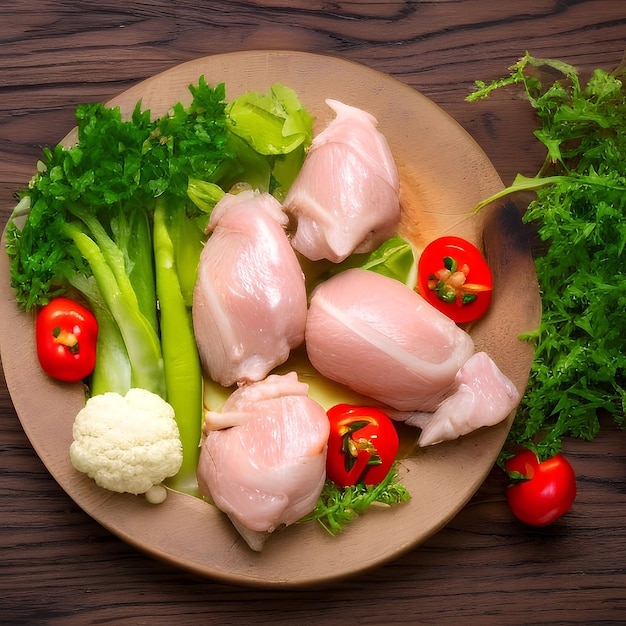 Raw chicken fillet on plate with fresh vegetables.