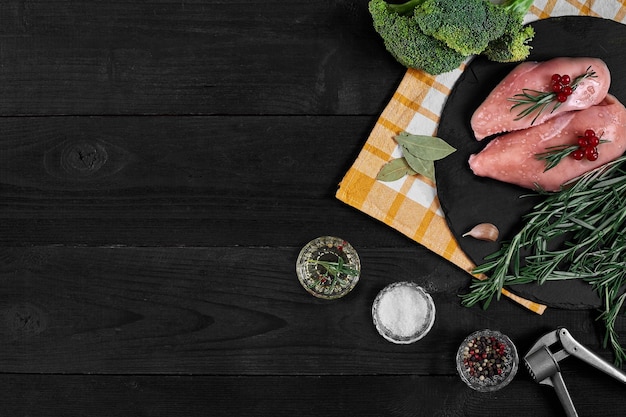 Raw chicken fillet with cooking ingredients on black slate table Food background Top view copy space Still life Flat lay