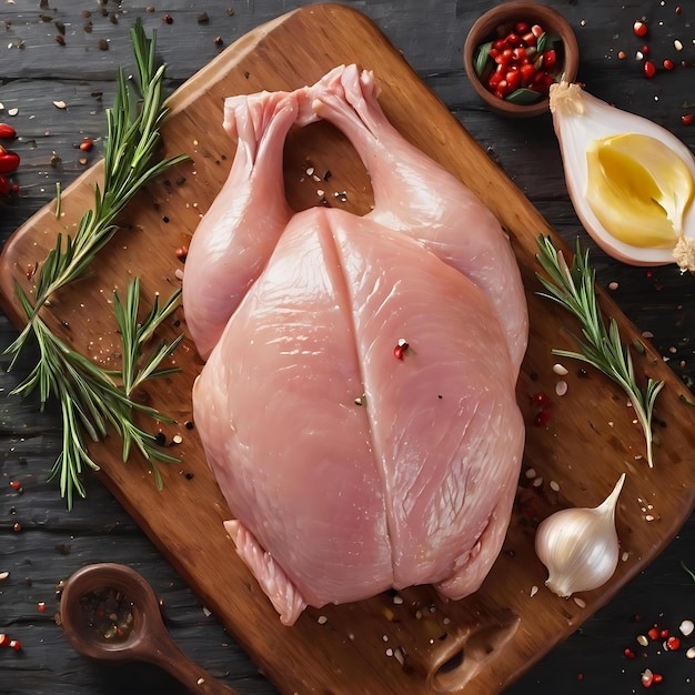 Raw chicken fillet with garlic pepper and rosemary on wooden on chopping board