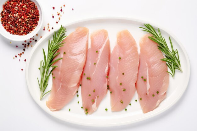 Raw Chicken Fillet With Spices Top View On White Background Generative AI