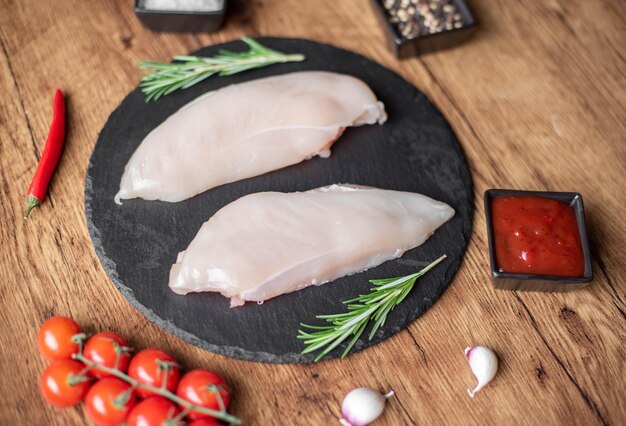 raw chicken fillet on wooden background