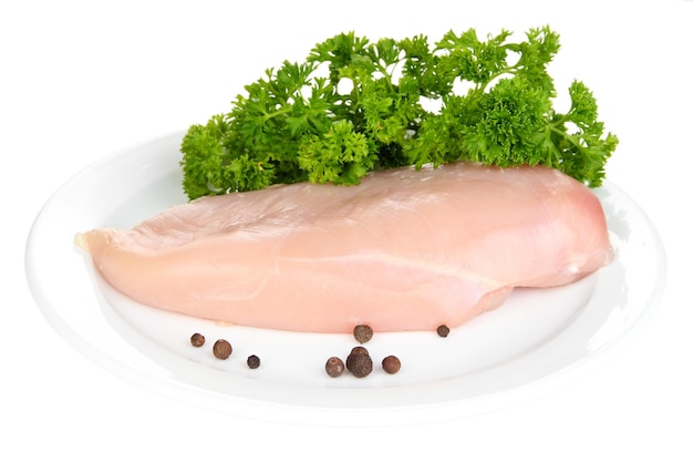 Raw chicken fillets on white plate isolated on white