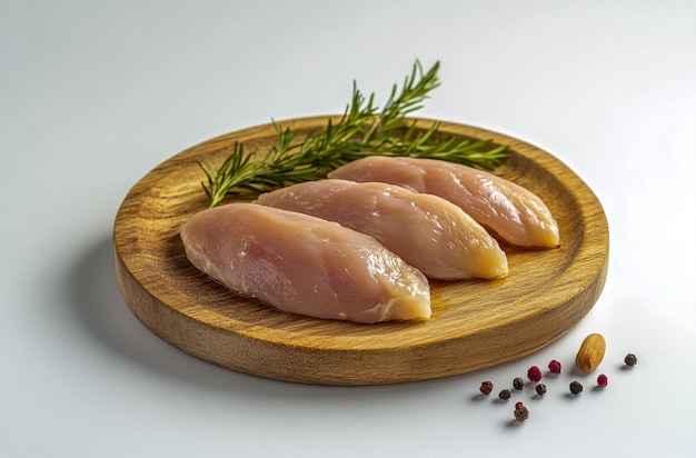 Photo raw chicken fillets on a wooden plate with fresh parsley highquality food ingredients image