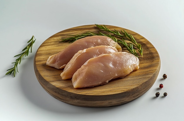 Photo raw chicken fillets on a wooden plate with fresh parsley highquality food ingredients image