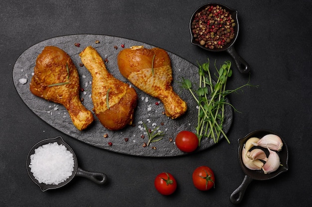 Raw chicken legs in spices on a black board top view Cooking with spices