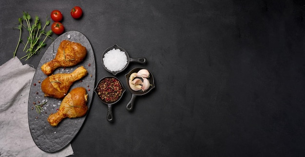 Raw chicken legs in spices on a black board top view Cooking with spices