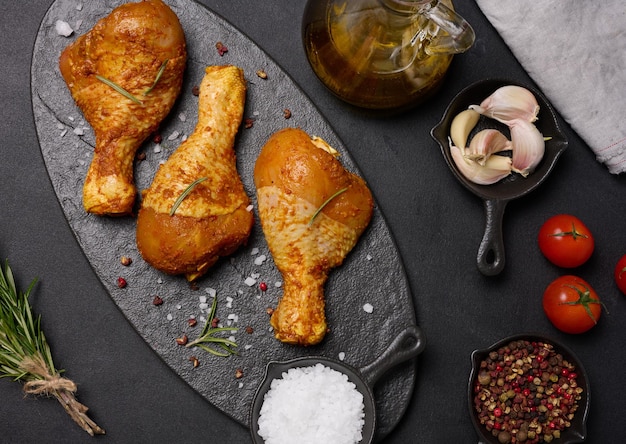 Raw chicken legs in spices on a black board top view Cooking with spices