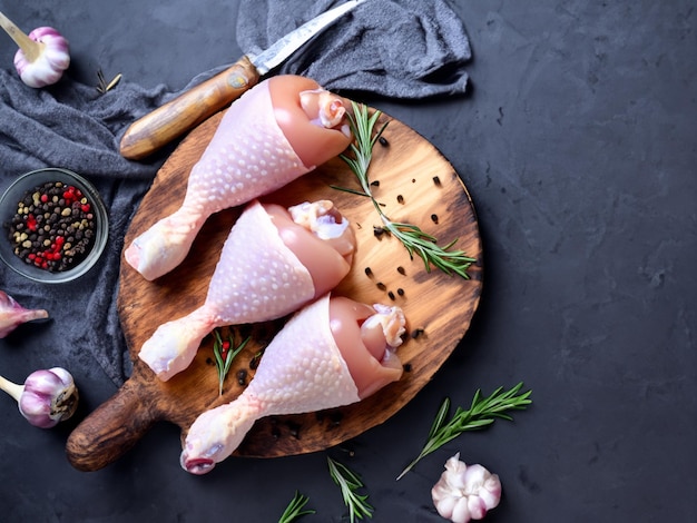 Raw chicken legs with spices on a wooden cutting board on a black slatestone or concrete background