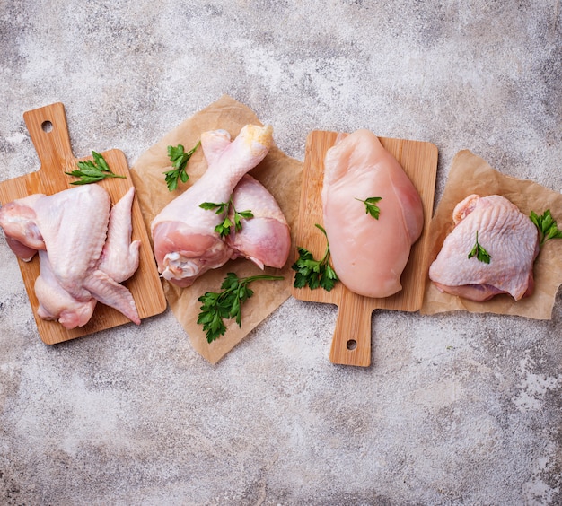 Raw chicken meat fillet, thigh, wings and legs