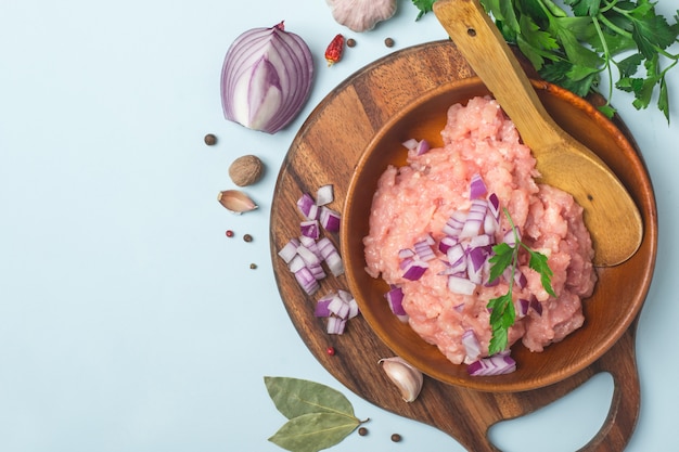 Raw chicken meat mince in a bowl with spices