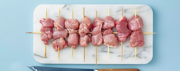 Raw chicken pieces on wooden sticks and white marble board A knife is beside them