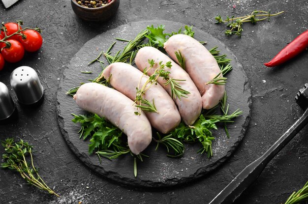 Raw Chicken sausages with cheese on a black stone plate Top view Old background rustic style