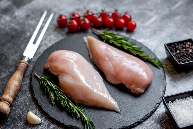 Raw chicken on a slate plate with rosemary and tomatoes