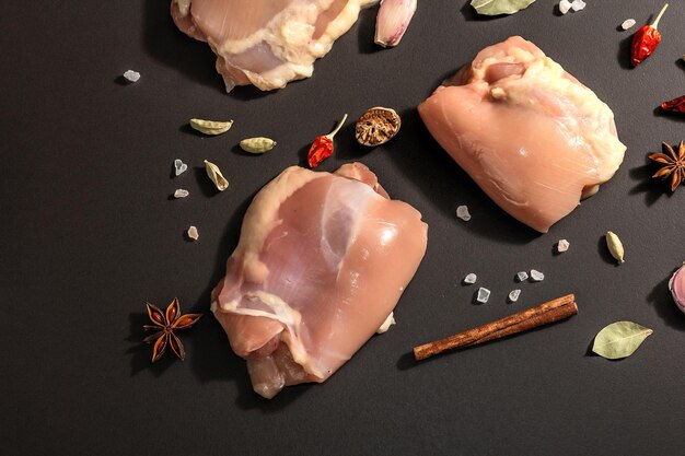 Raw chicken thighs without bones or skin. A useful ingredient for preparing healthy food, spices, garlic. Black stone background, trendy hard light, dark shadow, top view