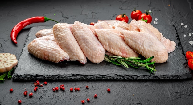 Raw chicken wings on a black kitchen table