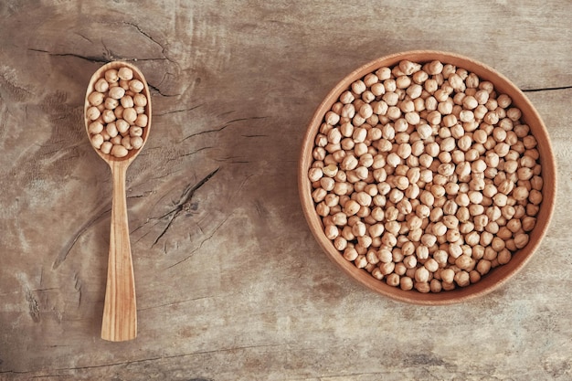 Raw chickpeas in a wooden plate and spoon on an rustic wooden background