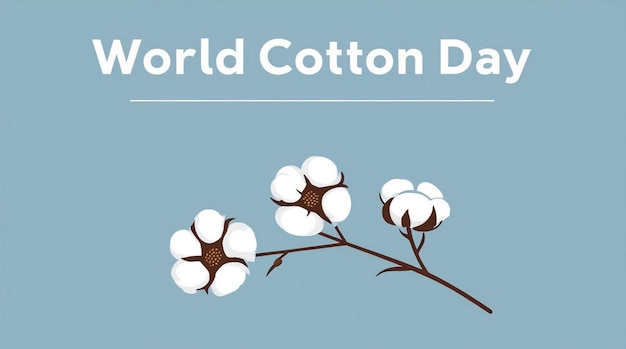 Raw Cotton Branch with Flowers Cotton Harvest Vector Illustration with Blue Frame World Cotton Day October 7