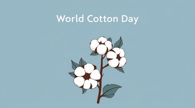 Raw Cotton Branch with Flowers Cotton Harvest Vector Illustration with Blue Frame World Cotton Day October 7