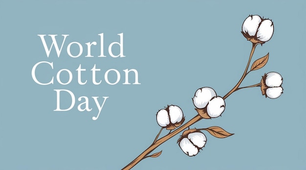 Raw Cotton Branch with Flowers Cotton Harvest Vector Illustration with Blue Frame World Cotton Day October 7