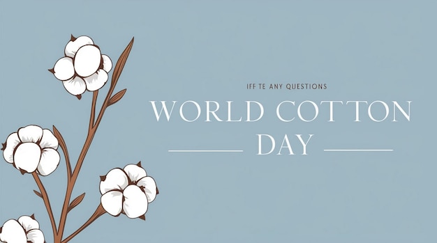 Raw Cotton Branch with Flowers Cotton Harvest Vector Illustration with Blue Frame World Cotton Day October 7