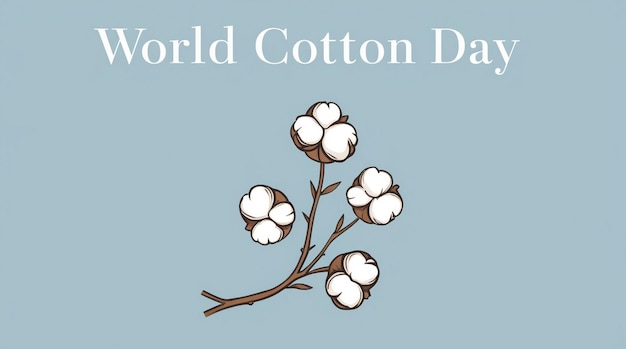 Raw Cotton Branch with Flowers Cotton Harvest Vector Illustration with Blue Frame World Cotton Day October 7