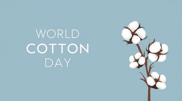 Photo raw cotton branch with flowers cotton harvest vector illustration with blue frame world cotton day october 7