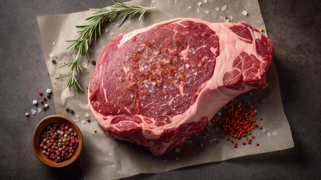 raw cowboy steak with seasonings on stone table