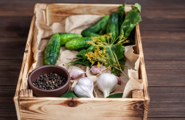 Raw cucumbers, dill flowers, cherry leaf, horseradish leaf, spices and herbs on a tray on a wooden table.