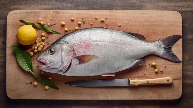 Raw dorado fish on cutting board on the table