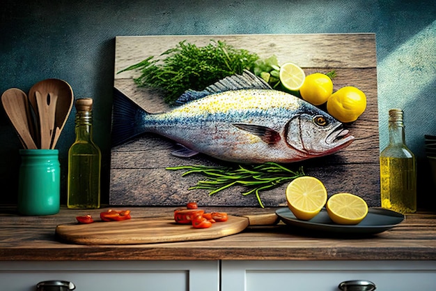 Raw dorado fish on a kitchen board with lemon on a table in the kitchen Generative AI