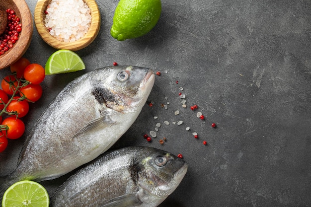 Raw dorado fish with lime and spices for cooking on the gray background top view copy space for text