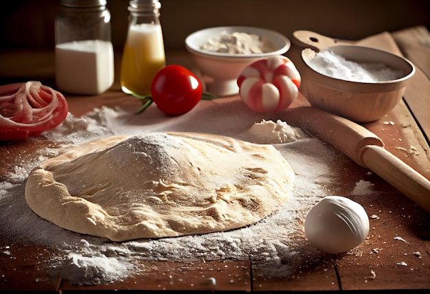 Raw dough preparation or pizza with ingredient served on rustic wooden table AI Generated