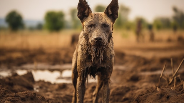 Raw And Edgy Closeup Portrait Of A Mudcovered Dog In The Savannah Meadow