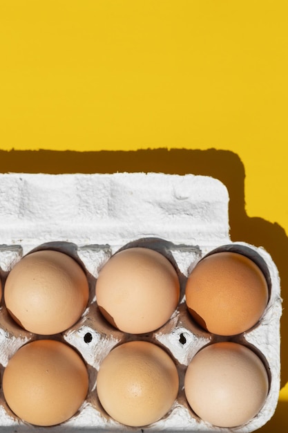 Raw eggs on yellow background