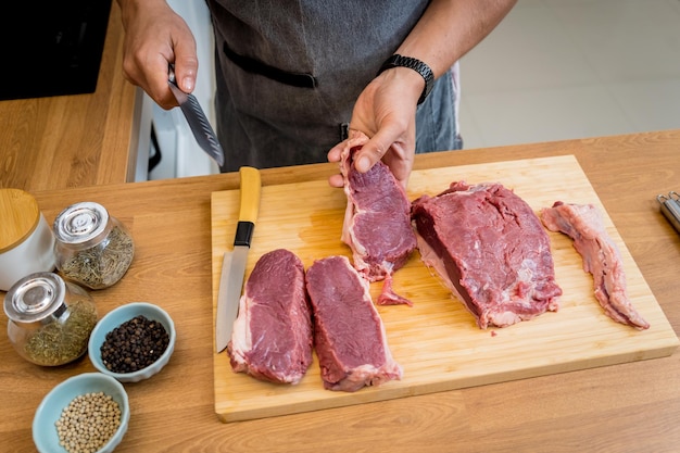 Raw fillet beef meat for steaks on the home electric grill