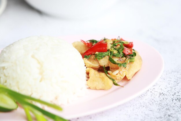 Raw fish fried basil with rice on the plate, good spicy food in Thailand resturant.