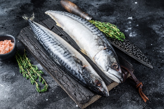 Raw fish Mackerel on a wooden cutting board