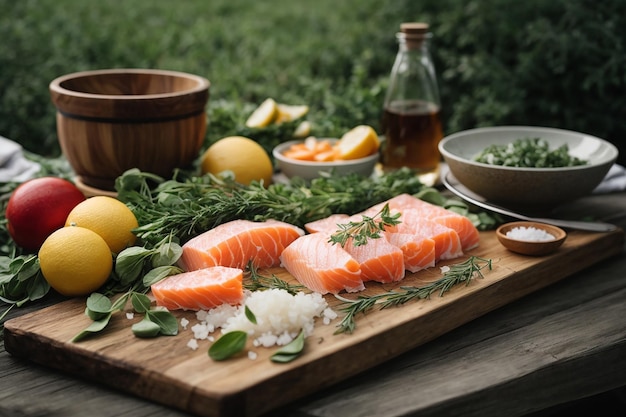 raw fish slices with ice on wood board sea salt in small bowl vegetables on table